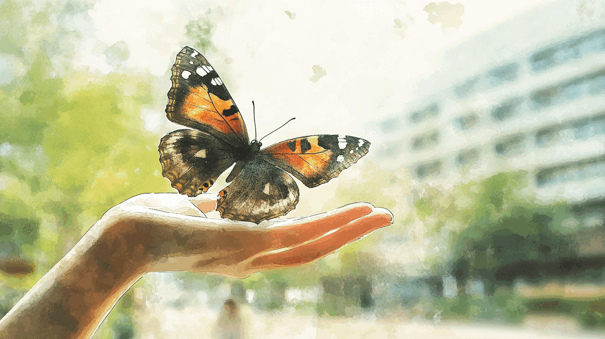 Illustration: Schmetterling auf einer offenen Hand im Morgenlicht