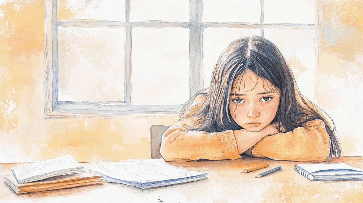 Illustration: Jugendliches Mädchen sitzt erschöpft am Schreibtisch, den Kopf auf die Arme gelegt