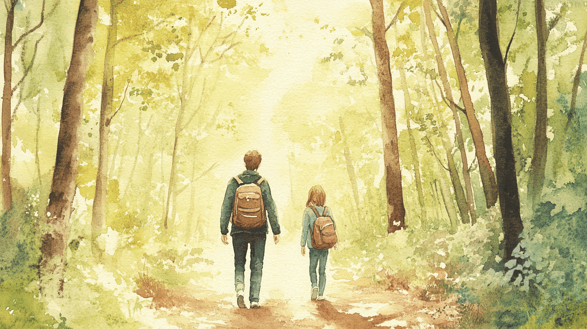 Illustration: Elternteil und Tochter wandern auf einem Waldweg, das Kind geht voraus