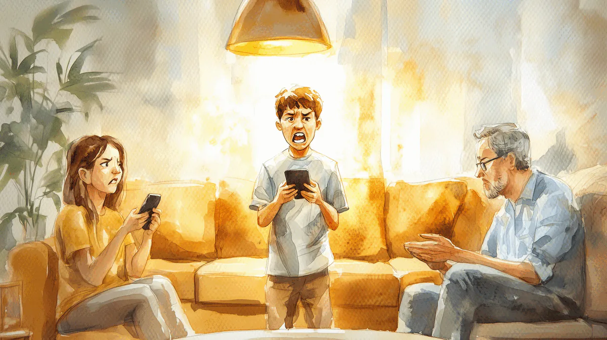 Illustration: Aufgebrachter Jugendlicher mit Smartphone konfrontiert hilflose Eltern auf dem Sofa im Wohnzimmer