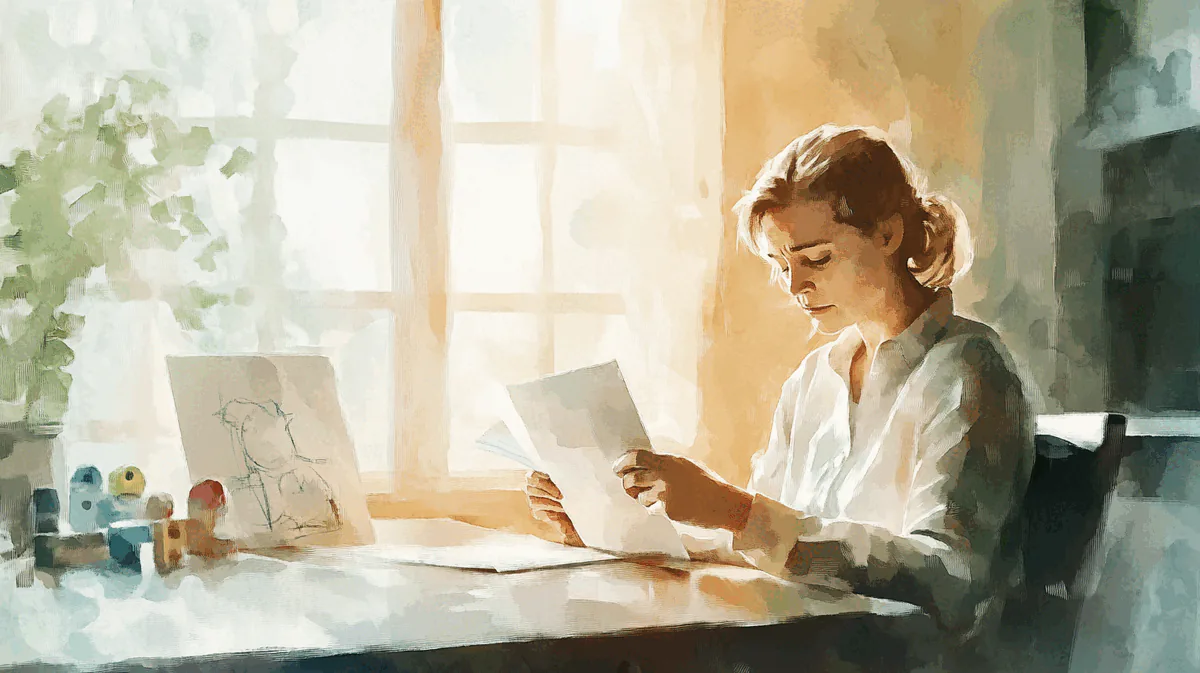 Illustration: Elternteil sitzt nachdenklich am Küchentisch mit einem Arztbrief in der Hand, während das Kind im Hintergrund spielt