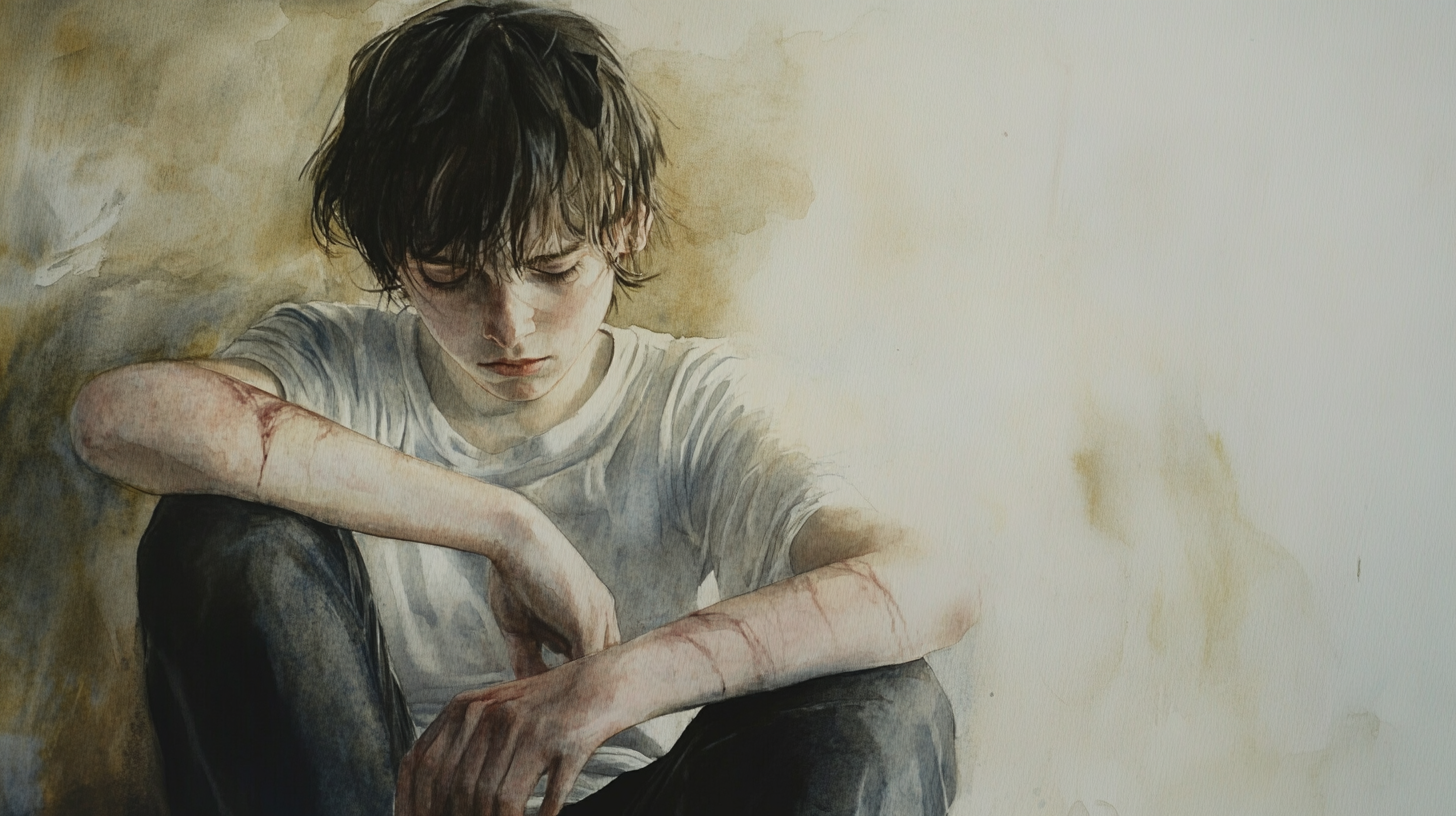 Junge mit zerzausten Haaren und verletztem Arm, sitzend mit gesenktem Kopf, verkörpert Gefühlszustände wie Traurigkeit und Isolation. Aquarelltechnik schafft eine melancholische Atmosphäre im Hintergrund, die die Emotionen verstärkt.